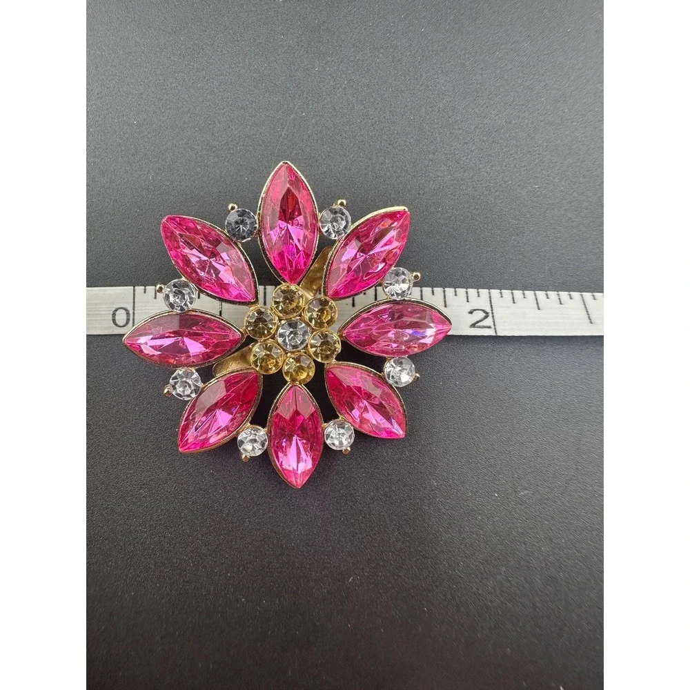 VTG Pink Rhinestone Flower Brooch Hot Pink Crystal Statement Pin Gold Tone 2